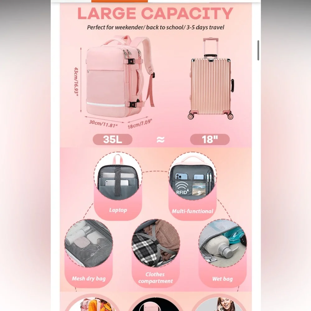 Airline Flight approved extra large capacity, travel laptop backpack 35L pink - Picture 9 of 16